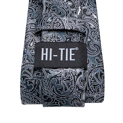 Hi-Tie Men 63inches Tie Set Extra Long Necktie Paisley Tie Pocket Suqare Cufflinks Big and Tall Men Tie - color: Black Grey