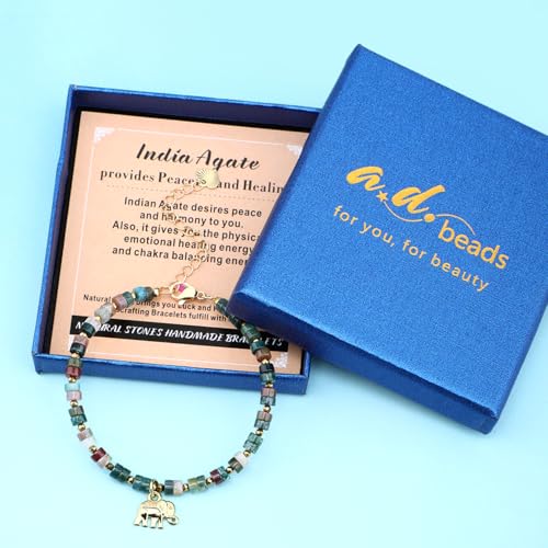 Natural Gemstone Healing Crystal Dainty Charms Bracelet Adjustable Chain Extender Minimalist Jewelry - color: Indian Agate + Elephant
