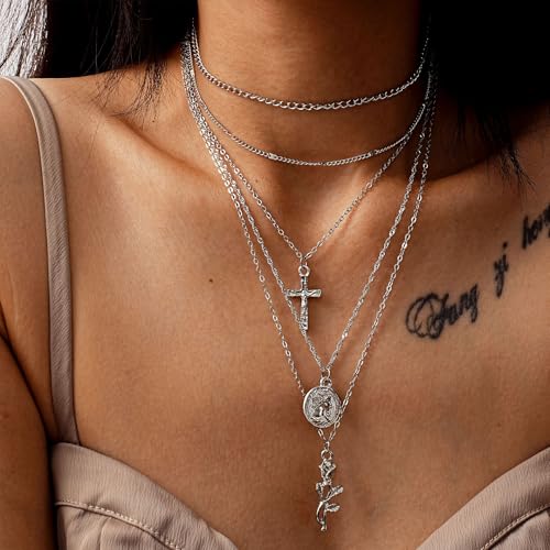 PLOUTOS Cross Coin Rose Layered Multi Chain Choker Necklace Set For Women Rhinestone Gold Silver Five Layer Adjustable Statement Fashion Chunky Boho Punk - color: Silver