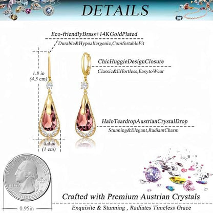 Trendy Austrian Crystal Teardrop Drop Huggie Dangle Earrings for Women 14k Rose Gold Plated Hypoallergenic Jewelry Gifts - color: Antique Pink