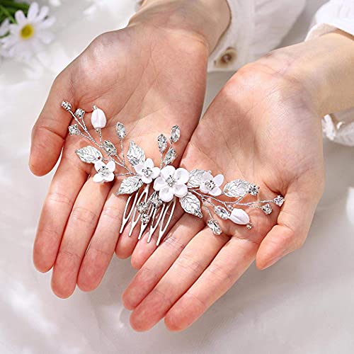 Bride Silver Wedding Hair Comb Flower Bridal Side Comb Sparkly Crystal Hair Piece Leaf Hair Accessorie for Women