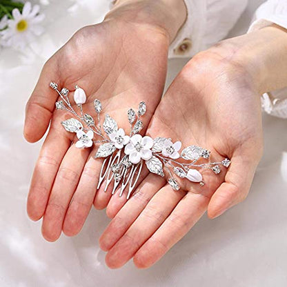 Bride Silver Wedding Hair Comb Flower Bridal Side Comb Sparkly Crystal Hair Piece Leaf Hair Accessorie for Women