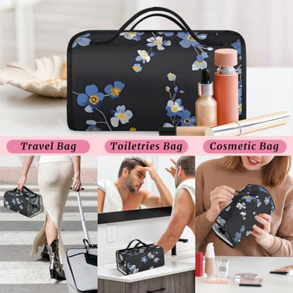 Blue Wildflowers Hanging Roll Up Cosmetic Bag with 4 Removable Storage Bags Waterproof Foldable Toiletry Kit for Women - color: Multicolor 9