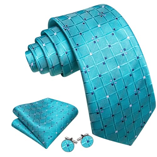 YOHOWA Men Plaid/Striped Ties Clip Set Silk Necktie Pocket Square Cufflinks | Woven Classic,Formal/Casual Mens Tie,Pocket Square Cufflinks Set,Luxury,Business,Wedding,Party,Prom,Graduation - color: Aqua