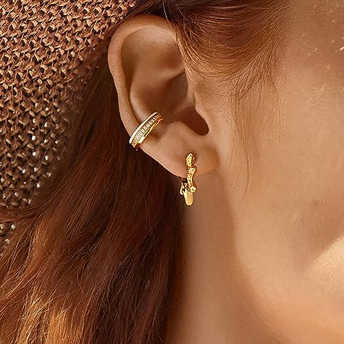 DREMMY STUDIOS Gold Dainty Huggie Hoop Earrings 18K Gold Plated Exquisite Open Tassel Dangle Charm Drop Sleeper Geometric Cross Coin Star Heart White CZ Simple Hypoallergenic Earrings for Women - color: Star-Hoop