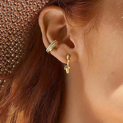 DREMMY STUDIOS Gold Dainty Huggie Hoop Earrings 18K Gold Plated Exquisite Open Tassel Dangle Charm Drop Sleeper Geometric Cross Coin Star Heart White CZ Simple Hypoallergenic Earrings for Women - color: Star-Hoop