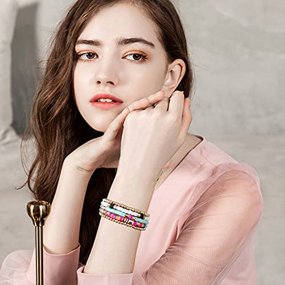 GOOJIDS Surfer Heishi Clay Bead Bracelets for Women Bohemian Stackable Gold Plated Beaded Stretch Bracelets Elastic Layering Friendship Bracelets Set Boho Jewelry - color: C-White 5pcs