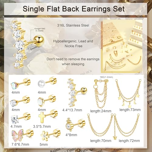 Besteel 27Pcs Flat Back Earrings Hypoallergenic Surgical Steel Stud Earring Stacks Set Dainty Chain Dangle Cartilage Tragus Daith Helix Piercing Jewelry for Women Men Trendy 16G - color: Gold