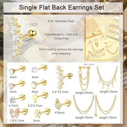 Besteel 27Pcs Flat Back Earrings Hypoallergenic Surgical Steel Stud Earring Stacks Set Dainty Chain Dangle Cartilage Tragus Daith Helix Piercing Jewelry for Women Men Trendy 16G - color: Gold