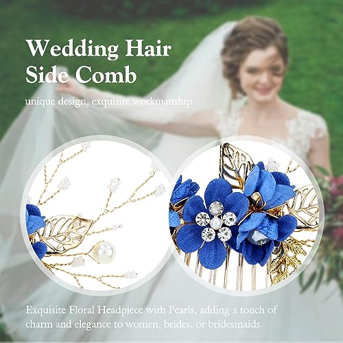Cinaci 18 Pieces Bridal Wedding Party Prom Pearl Rhinestone Royal Blue Flower Hair Side Combs Slides+U-shaped Flower Hair Pins+Twist Spiral Hairpins Floral Headpieces for Brides Bridesmaids Women Girs - color: Royal Blue
