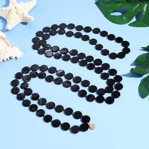 Firstmeet Flat Round Coin Shell Beads Long Knotted Necklace Natural Mother of Pearl Handmade Jewelry For Women - color: Black