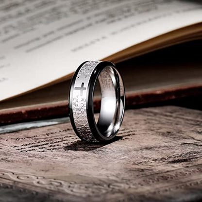 King Will Stainless Steel Men Ring Lord's Prayer Cross Ring Stainless Steel Men Wedding Ring, Wedding Band Bible Engraved Rings High Polished, Comfort Fit | 8mm, Gold/Silver/Black Wedding Band, Bible Engraved Rings, High Polished, Comfort Fit, Size 7-14 -