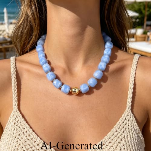 Ritach Chunky Beaded Necklaces for Women - Colorful Large Square Acrylic Beaded Necklace Boho Chunky Necklace Adjustable Statement Choker Necklace for Women Waterproof Summer Beach Jewelry Gifts - color: Sky Blue