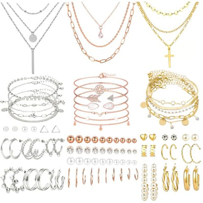 NEWITIN 61 Pieces Rose Gold Jewelry Set for Women Fashion Costume Jewelry | Bohemian Jewelry, Inlaid Cubic Zirconia, Gold Plated Necklace Bracelets Rings Earrings Set for Women Party Daily, Women Gifts - color: Multicolor