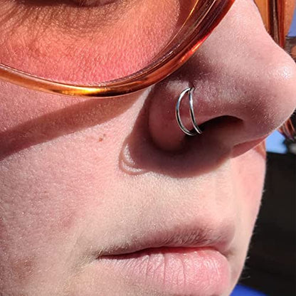 Double Hoop Nose Ring - Silver Gold Diamond 316L Surgical Steel Cartilage Earring Helix Hoops 20g 18g 16g - color: double hoop silver