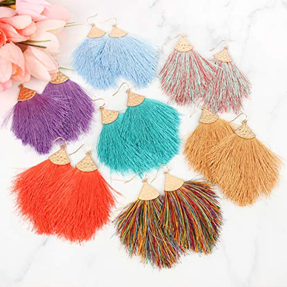 Bohemian Silky Thread Fan Fringe Tassel Statement Earrings - Lightweight Strand Feather Shape Dangles - color: Feather Fringe - Black Silver