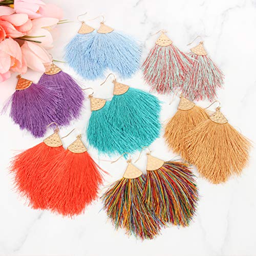 Bohemian Silky Thread Fan Fringe Tassel Statement Earrings - Lightweight Strand Feather Shape Dangles - color: Feather Fringe - Dark Multicolor