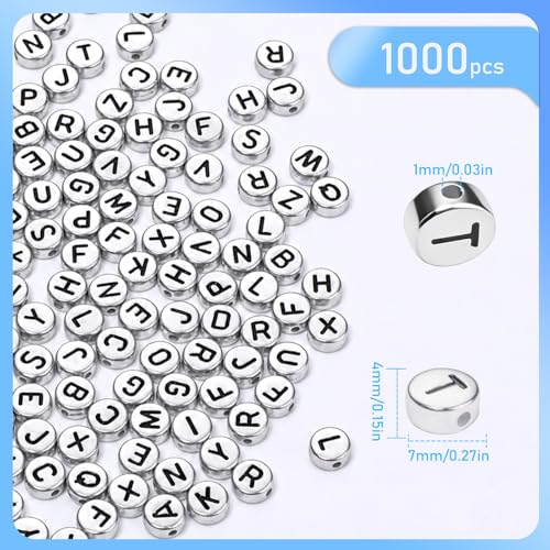 1000Pcs Acrylic Silver Letter Beads Alphabet Colorful Letter Black Round Beads for Friendship Bracelets and Gifts Souvenir Jewelry Making(4 * 7mm Round) - color: Sliver Black(Round)