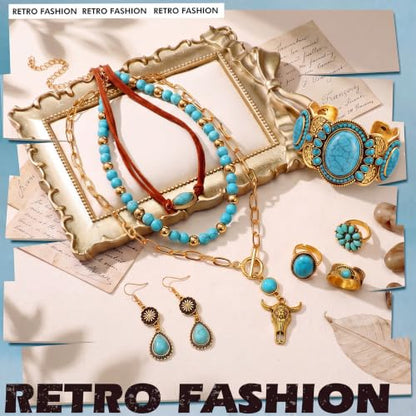 Ecally Bohemian Western Jewelry Turquoise Set Women Country Pendant Long Choker Layered Bracelets Earrings Ring for Women - color: Gold, style: Shiny