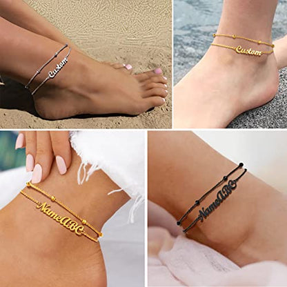 PROSTEEL Trendy Handcuffs Design/Customize Words Ankle Bracelet For Women, 316L Stainless Steel Anklets Silver/Gold/Black Tone, Hypoallergenic, Come with Box - style: 05 Customize-Bead Chain(8.5"-10.5")-Luxury Gold