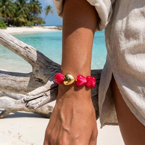 WOWORAMA Chunky Beaded Bracelets for Women Colorful Large Square Beads Bracelet Boho Acrylic Resin Stretch Bracelets Statement Chunky Bracelet Summer Jewelry - color: Heart-Rose Red