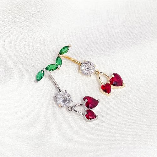 Cute 316L Surgical Steel CZ Cherry Dangle Belly Button Ring 14G Crystal Cherry Belly Navel Rings Navel Curved Barbell Dangling Body Piercing Jewelry 3/8 Inch - color: Gold
