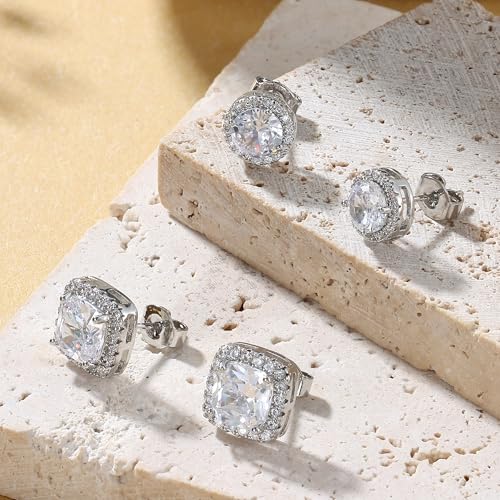 18K Gold Plated Halo Stud Earrings 925 Sterling Silver Cubic Zirconia Stud Earrings Round Square Diamonique Stud Earrings Set for Women Men - color: Silver&White