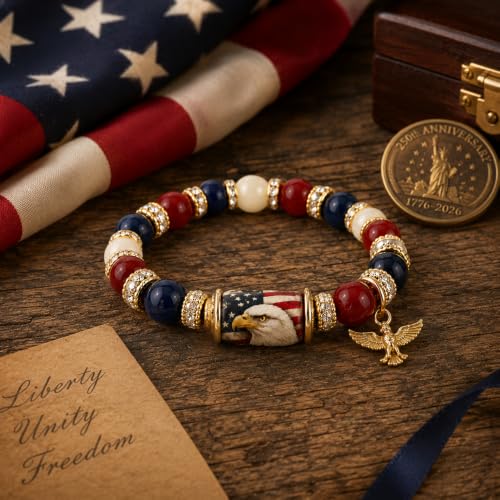 Patriotic Beaded Stretch Bracelet Red White Blue 1776-2026 USA | 250th Anniversary, 4th of July, American Eagle Flag, Women's Jewelry, Independence Day
