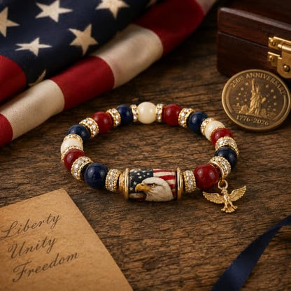 Patriotic Beaded Stretch Bracelet Red White Blue 1776-2026 USA | 250th Anniversary, 4th of July, American Eagle Flag, Women's Jewelry, Independence Day