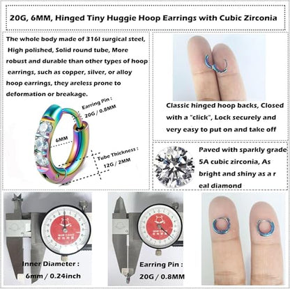 Hypoallergenic Unisex Surgical Steel Small Cubic Zirconia Huggie Hoop Earring, Color Gold - Silver - Rose Gold - Black - Rainbow, Size 6mm- 12mm Safe for Sensitive Ear - style: A0001 : 6MM Rainbow Hoops(2mm thickness)
