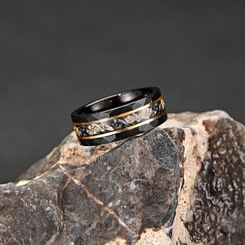 Mens Tungsten Carbide Wedding Bands 8mm Black Hammered Edge Gold Foil Inly Durable Scratch Proof Stainless Steel Cool Promise Ring for Him Comfort Fit - color: Black-8mm
