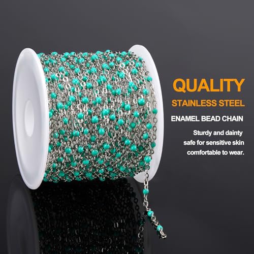 KYUNHOO 16.4 Feet Turquoise Green Bead Chain for Crafts with Jewelry Clasps | Thin Stainless Steel Necklace Making Chains Bulk on Spool with Lobster Clasps Jump Ring Jewelry Findings - color: Silver-Tuoquise-2mm