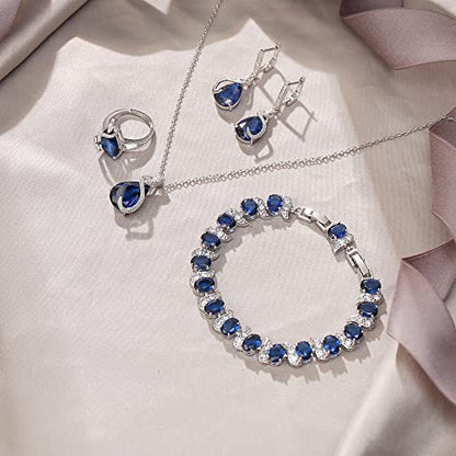 EVER FAITH Wedding Jewelry Set for Bride Bridesmaid, Glamour Teardrop Cubic Zirconia Pendant Necklace Earrings Tennis Bracelet Open Ring Sets for Birthday/Valentine's Day/Mother's Day/Christmas - color: A_Sapphire Blue Silver-Plated-Brass