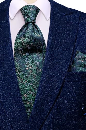 Hi-Tie Men's Silk Ties Formal Woven Classic Necktie Pocket Square Cufflinks Lapel Pin Set Wedding Business - color: A Navy Blue