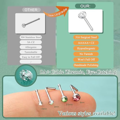 THUNARAZ Straight L Shaped Stainless Steel Nose Studs Rings Piercing Pin Body Jewelry 20G-22G 1.5mm 2mm 2.5mm - color: H:120Pcs White CZ/Colourful CZ(20G Mixed)