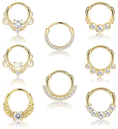 8PCS 16G Septum Clicker Ring Stainless Steel CZ Opal Cartilage Helix Tragus Hoop Daith Earrings Nose Rings Hoop Hinged Segment Clicker Ring Piercing Jewelry - color: gold tone 10mm