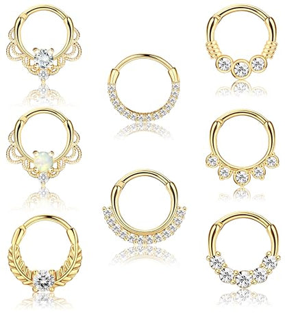 8PCS 16G Septum Clicker Ring Stainless Steel CZ Opal Cartilage Helix Tragus Hoop Daith Earrings Nose Rings Hoop Hinged Segment Clicker Ring Piercing Jewelry - color: gold tone 10mm