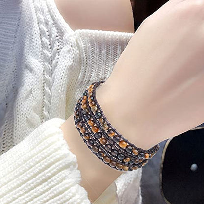 Genuine Stone Wrap Bracelets for Women Natural Crystal Beaded Wrap Bracelet 2/3/5 Adjustable Bohemian Bracelets Jewelry Gifts for Women Mom - color: tiger's eye(3 wraps)
