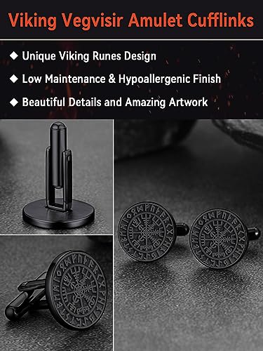 FaithHeart Mens Cufflinks, Norse Viking Tuxedo Shirt Cuff Links, Stainless Steel Cuff Links and Shirt Studs, Gift Box - style: 01. Compass-Black