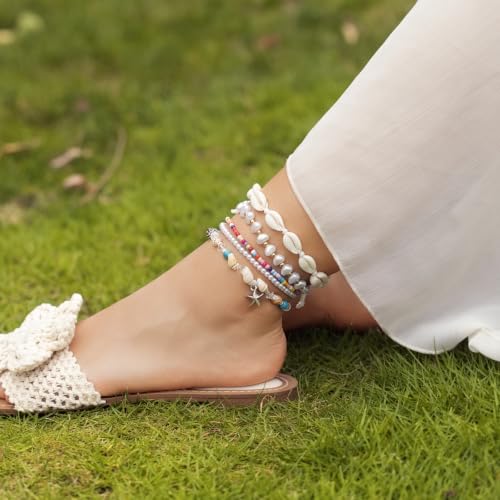Beaded Anklet Bracelets For Women Waterproof Gold Anklets Jewelry Set Stack | non tarnish free pearl puka seashell beach boho stretchy anklet for summer dainty and tewiky gold plated - color: Colorful Beads