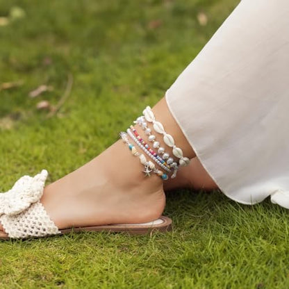 Beaded Anklet Bracelets For Women Waterproof Gold Anklets Jewelry Set Stack | non tarnish free pearl puka seashell beach boho stretchy anklet for summer dainty and tewiky gold plated - color: Colorful Beads