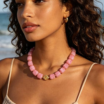 Dopamine Necklace UV Reactive Colorful Rainbow Beaded Necklace Dopamine Jewelry Set Color Changing Mood Necklaces Bracelet Earrings Summer Beach Vacation Gift for Women - color: A13:pink beads