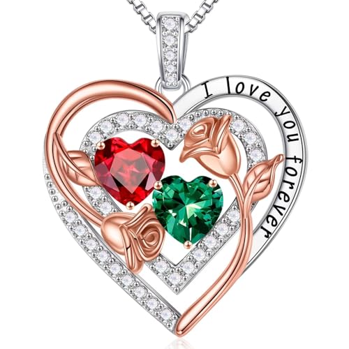 Iefil Heart Birthstone Necklace for Women - Double Birthstone Jewelry | 925 Sterling Silver, Gift Box Packaging, Anniversary Birthday Gifts for Women Wife Mom - color: 01-05-Jan-May Birthstone