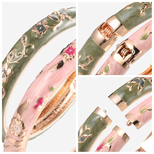 UJOY Cloisonne Bracelet Butterfly Hinge Indian Cuff Bangle Enameled Jewelry Flower Bracelets for Women Gift Box 55A114 - color: 2 Pcs/Set-A82-Green and Pink