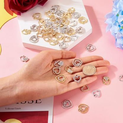 Elecrelive Crystal Heart Charms Rhinestone Heart Pendants Valentine Charms for Necklace Bracelet Earring Wedding Jewelry - color: Gold Silver, 60pcs