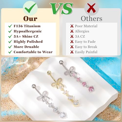 REVOLIA 14G F136 Titanium Dangle Belly Button Ring for Women Dangling Navel Ring Hypoallergenic Belly Ring Externally Threaded Barbell CZ Bow Navel Piercing Jewelry - color: Pink