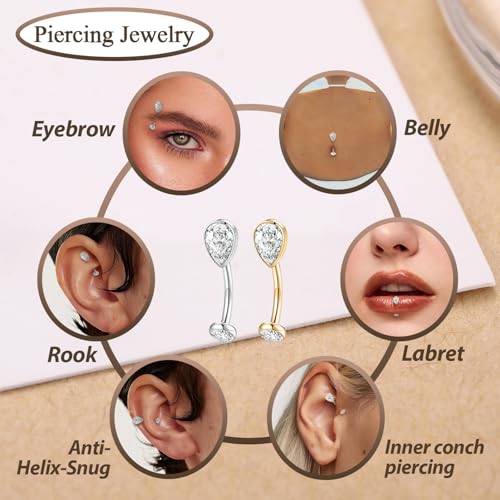 GAGABODY G23 Titanium Eyebrow Rings 16G Curved Barbell Lip Ring Rook Earrings for Women Belly Ring Vertical Labret Jewelry Tragus Helix Daith Earring Belly Piercing - color: 1Pc-Waterdrop Shape Silver+Clear CZ