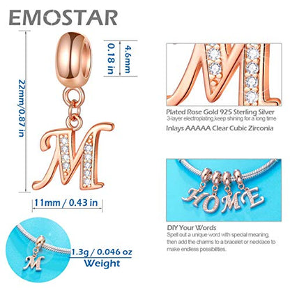 EMOSTAR Letter Charms Initial A-Z Alphabet Beads, Rose Gold 925 Sterling Silver Dangle CZ Birthstone Pendant, Gifts for European Charm Bracelet/Mothers Day/Birthday - color: Letter M