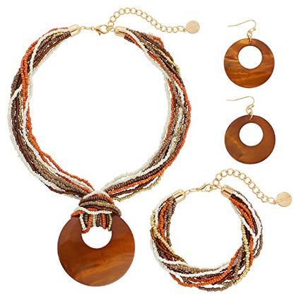 Coiris Multi Strand Statement Colorful Beaded Necklace with Big Circle Shell Pendant for Women - color: ST0012-Dark Brow