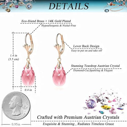 Austrian Crystal Teardrop Leverback Dangle Earrings for Women Fashion 14K Gold Plated Hypoallergenic Jewelry - color: Pink